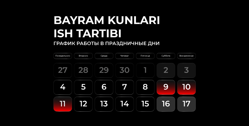 9-may — Xotira va qadrlash kuni munosabati bilan sotuv ofislarining ish tartibi